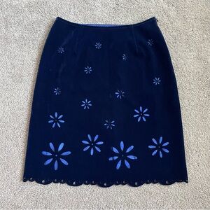 Vintage 90s 1990s Moschino Navy Blue Floral Cutout Skirt with Scalloped Hem